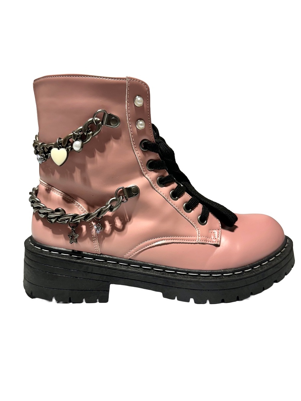 SUGAR Pink Chain Charm Combat Boots | Coquette Grunge Fairycore Moto - Picture 3 of 11